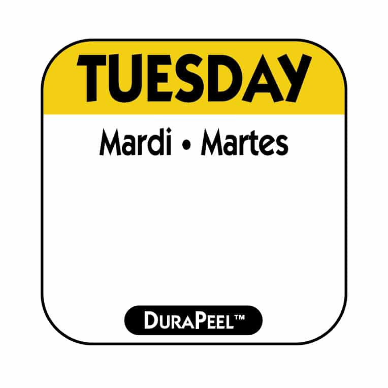 Day of the Week Tuesday labels on a 1-inch roll
