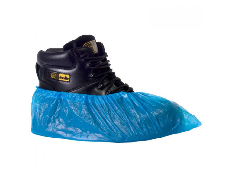 Disposable blue shoe cover made from lightweight plastic, designed to maintain hygiene and prevent contamination in cleanroom, medical, or food prep environments.