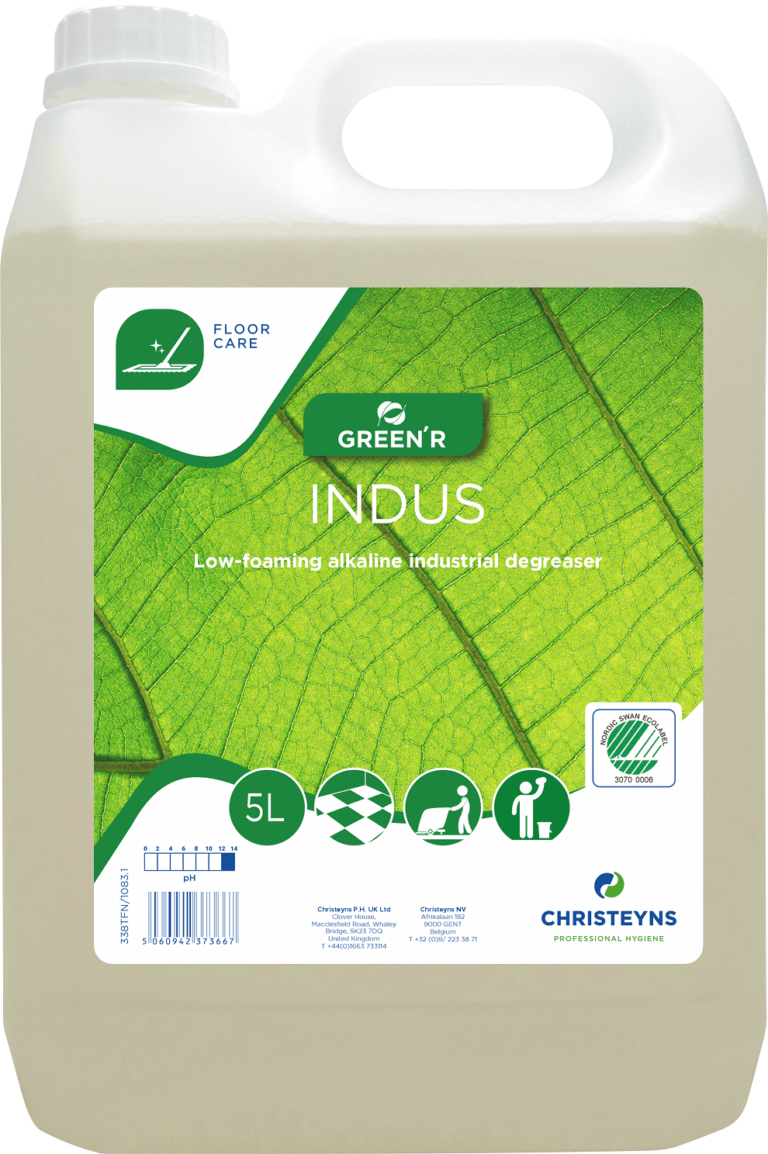 5-litre bottle of Green'R Indus Eco Low Foaming Degreaser, powerful eco-friendly formula designed to remove grease and grime in industrial and commercial settings.