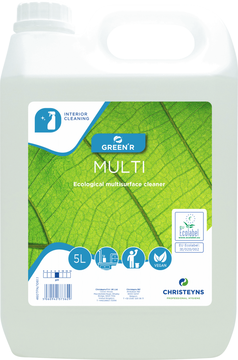 5-litre bottle of GreenR Multi Eco All-Purpose Cleaner, environmentally friendly formula for effective cleaning on a variety of surfaces in commercial and domestic settings.