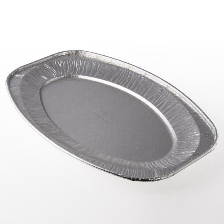 17-inch round foil platter, ideal for serving and displaying party food, buffets, and catering dishes with a disposable, lightweight design.