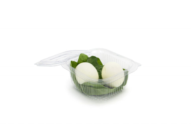 Clear 375ml square hinged plastic salad container with secure snap-close lid, ideal for takeaways and food storage.