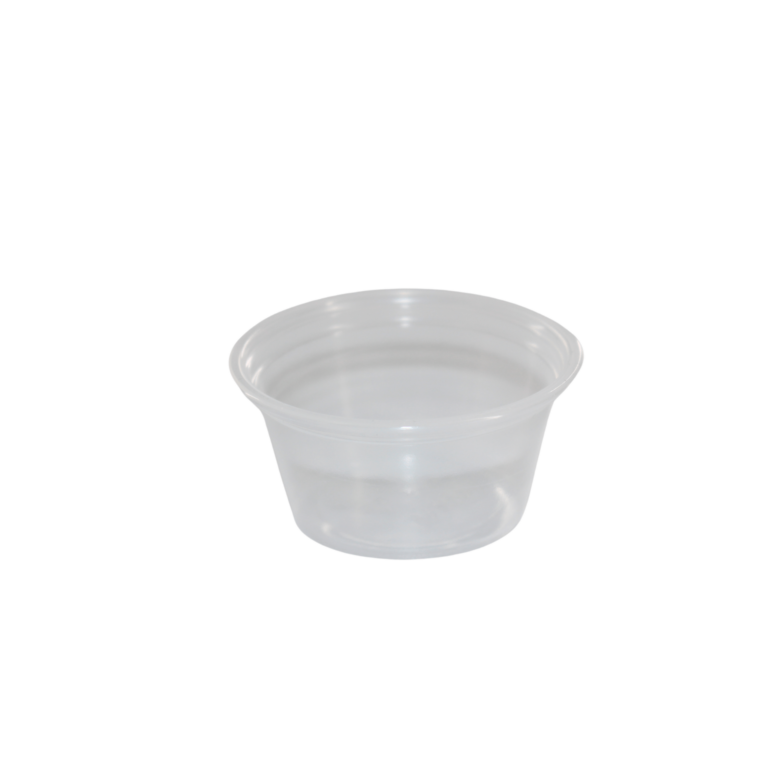 Clear 2oz plastic portion pot made from recyclable polypropylene, shown empty with smooth sides and open top, ideal for sauces, dips, or condiments.