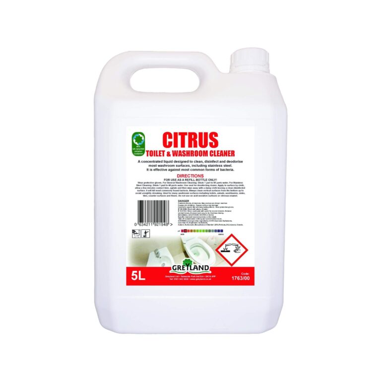 Citrus Toilet & Washroom Cleaner 5Ltr - Powerful, fresh-scented cleaner for toilets, sinks, and washroom surfaces, effectively removes limescale and stains