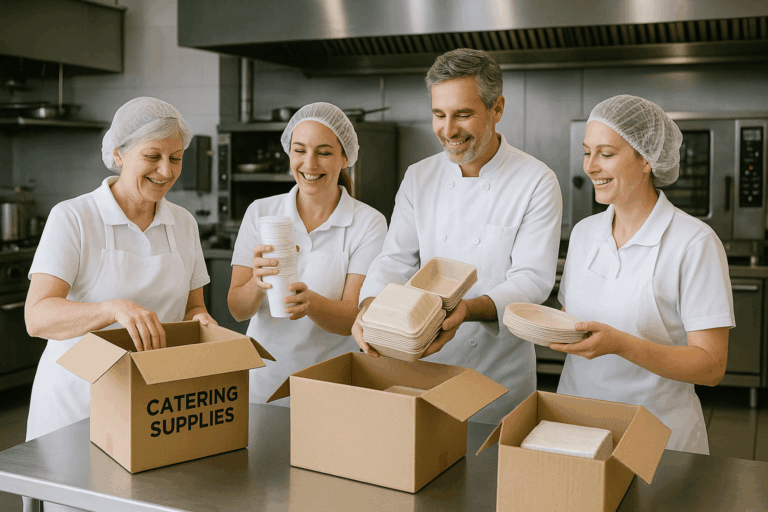 School catering staff unpacking catering supplies for schools in a bright commercial kitchen