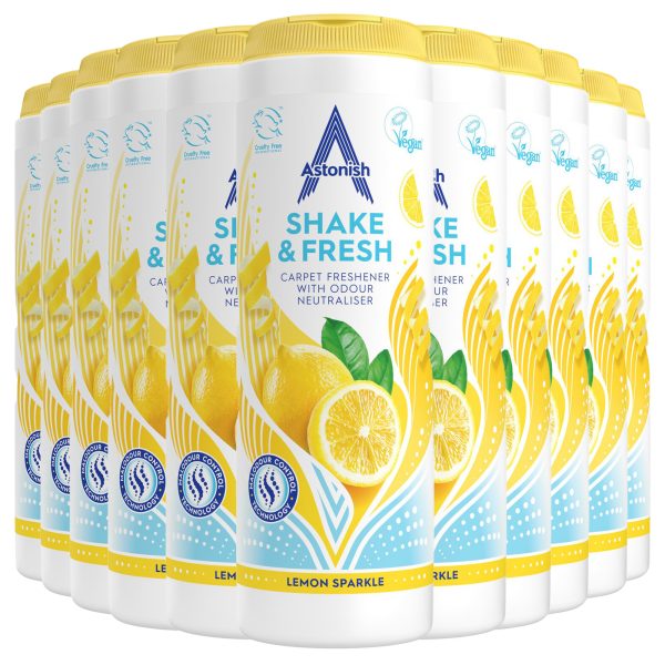 Astonish Shake & Fresh Lemon 500g carpet deodoriser tubs in a 12-pack
