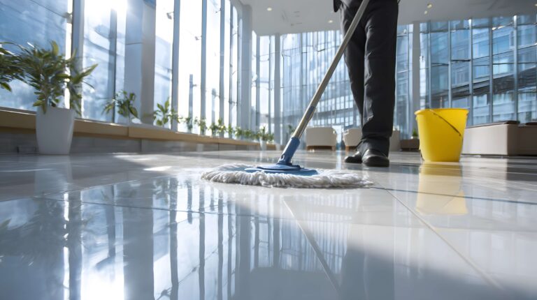 Person mopping a floor in an office