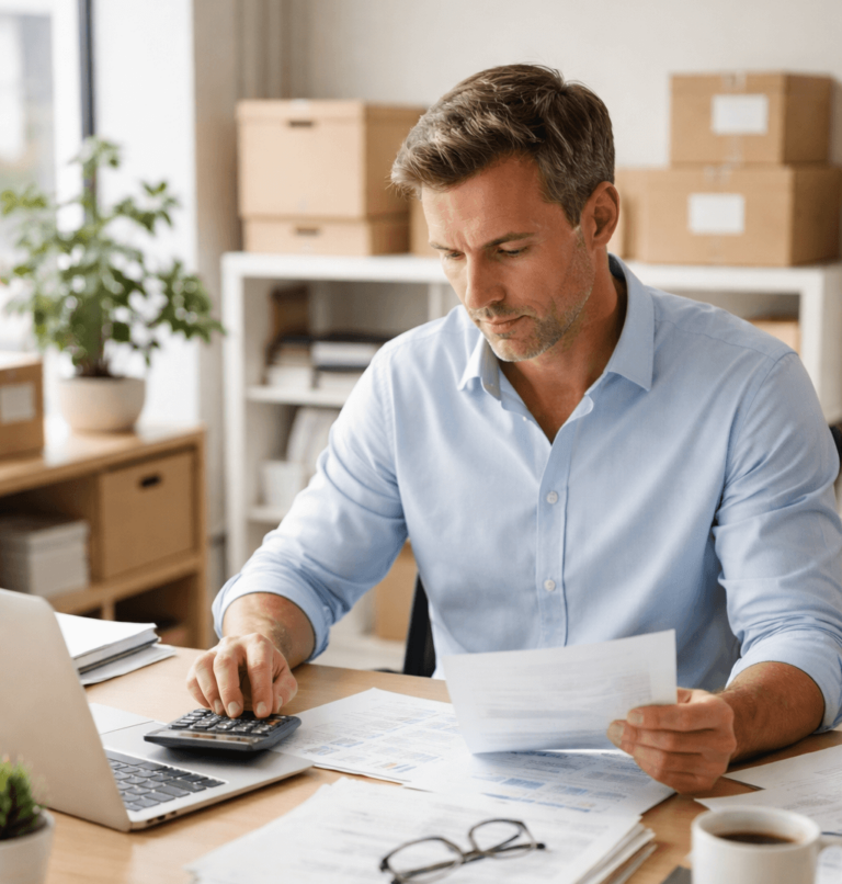 Small business owner reviewing cashflow and bulk buying decisions