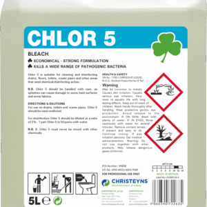 Chlor5 Bleach 5 litre bottle for disinfecting, cleaning, and stain removal in homes and commercial settings