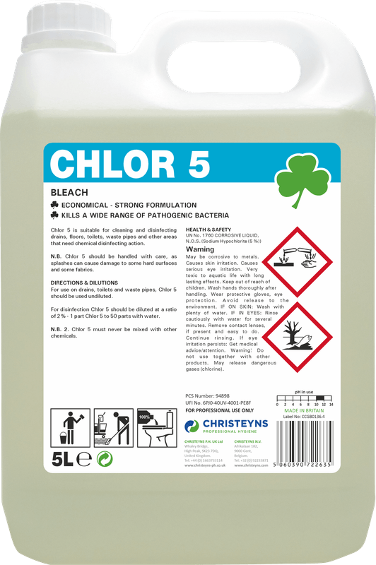 Chlor5 Bleach 5 litre bottle for disinfecting, cleaning, and stain removal in homes and commercial settings