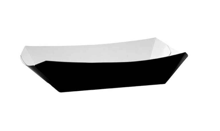 Black compostable large meal tray measuring 260 x 170 x 55mm, suitable for serving hot and cold takeaway meals in an eco-friendly food packaging solution.