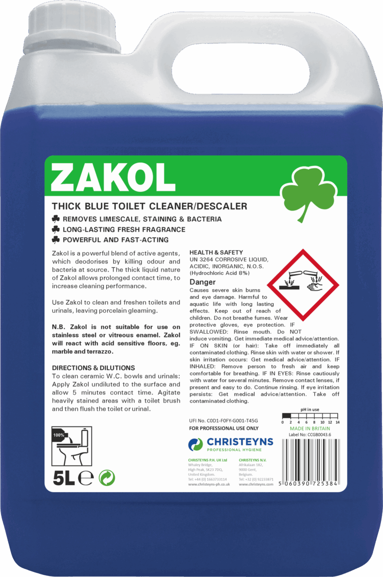 Zakol Toilet Cleaner & Descaler 5L bottle for removing limescale and disinfecting toilets in UK homes and businesses