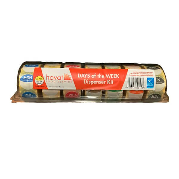 Complete set of 1-inch day-of-the-week labels on rolls, colour-coded for food rotation, stock control, and kitchen organisation.