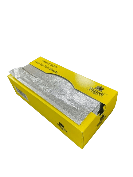 Pre-cut 12 x 12 inch aluminium foil pop-up sheets for food wrapping, cooking, storage, and takeaway food preparation.