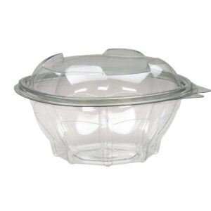 Round clear 500cc salad container with transparent design for displaying salads, fruit, pasta, and other cold takeaway foods.