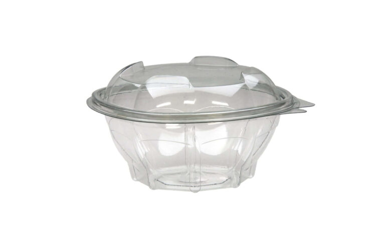 Round clear 500cc salad container with transparent design for displaying salads, fruit, pasta, and other cold takeaway foods.