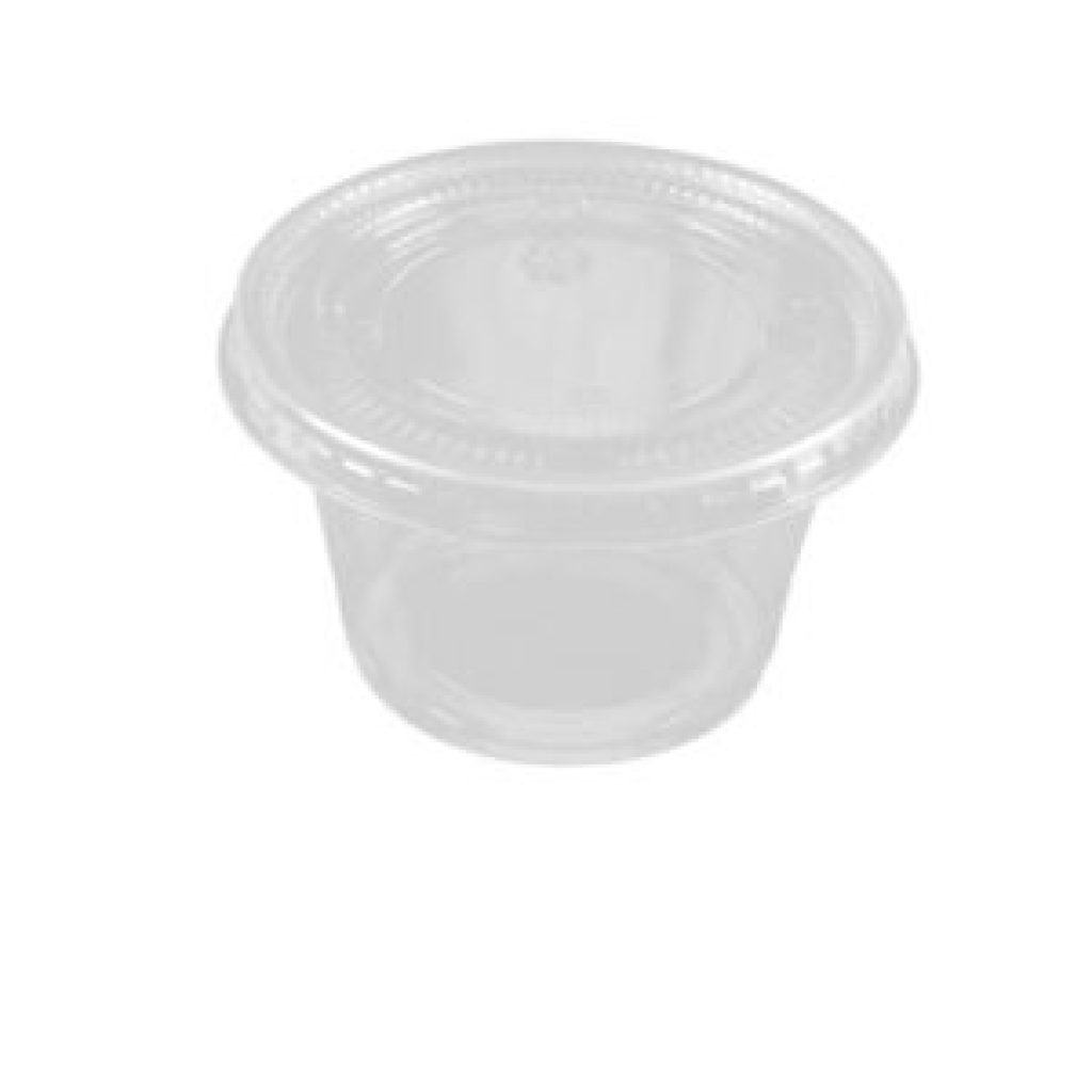 Pack of 100 clear 4oz plastic portion pots with secure snap-on lids for sauces and condiments
