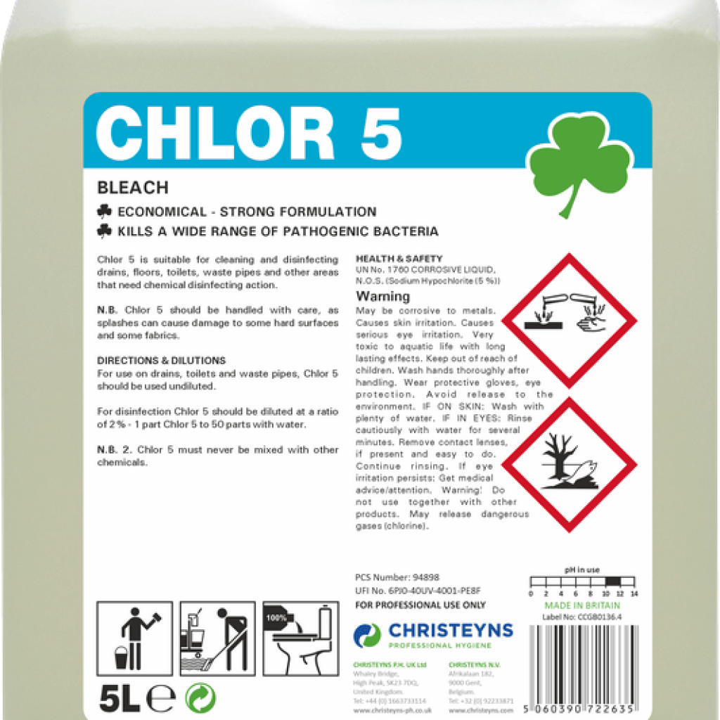Chlor5 Bleach 5 litre bottle for disinfecting, cleaning, and stain removal in homes and commercial settings