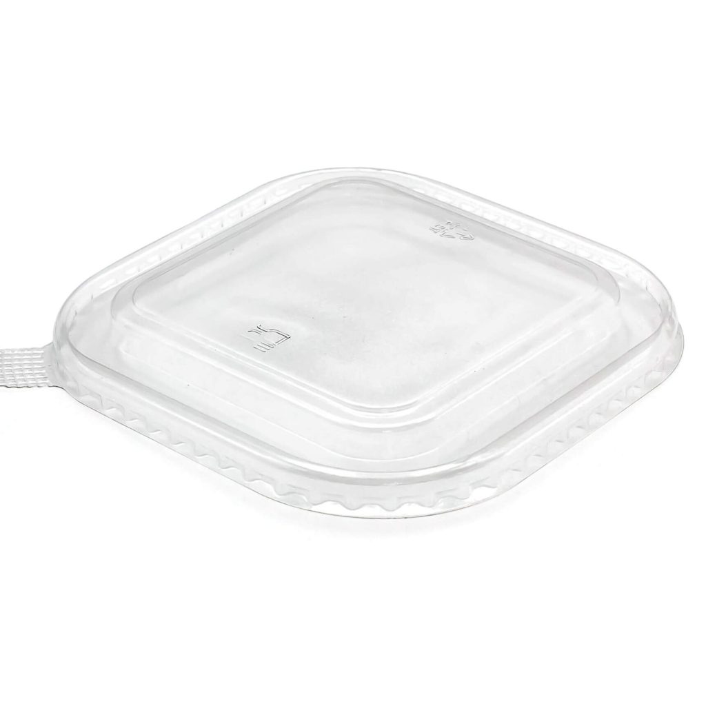 Clear domed lid designed to fit 500–1000ml square salad bowls for takeaway food packaging