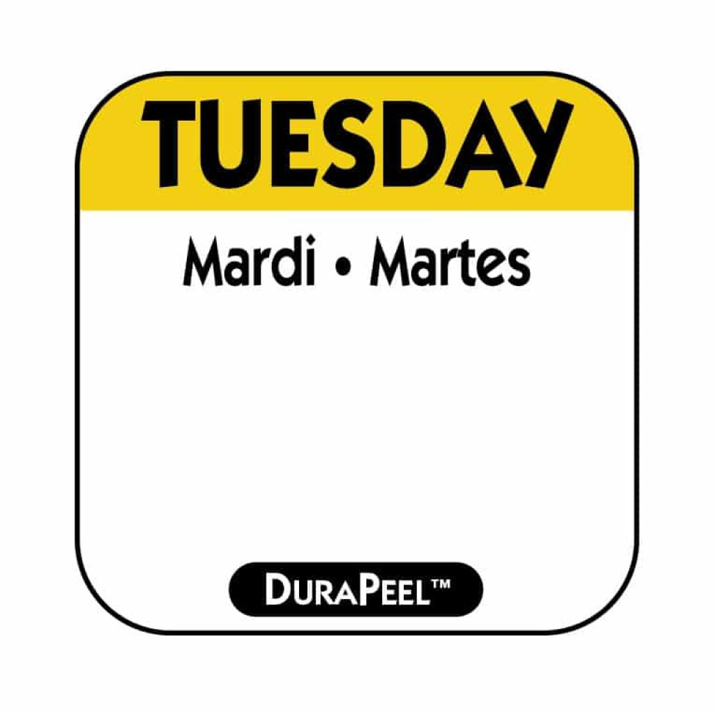 Day of the Week Tuesday labels on a 1-inch roll