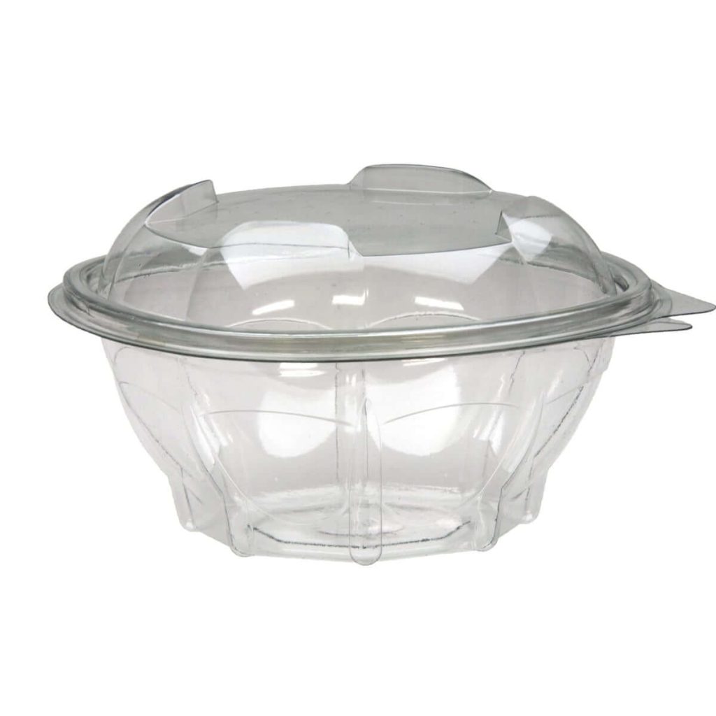 Round clear 500cc salad container with transparent design for displaying salads, fruit, pasta, and other cold takeaway foods.