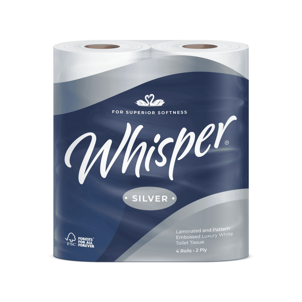 40 rolls of 2 ply whisper silver branded toilet rolls