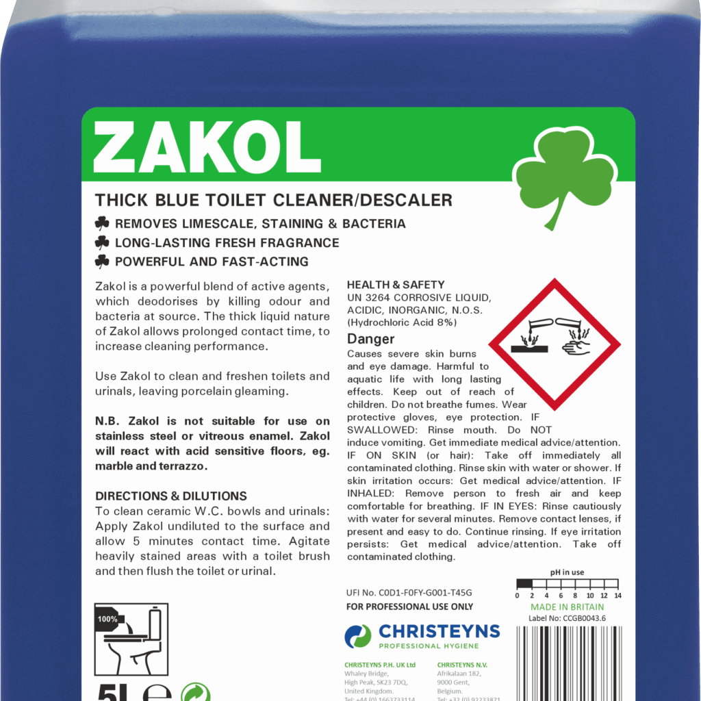 Zakol Toilet Cleaner & Descaler 5L bottle for removing limescale and disinfecting toilets in UK homes and businesses